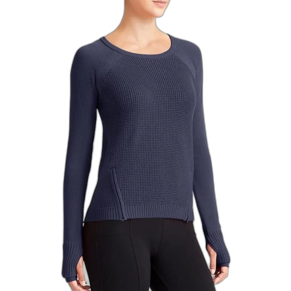 Athleta Women's Navy Blue Waffle Knit Side Zip Crewneck Sweater Size M
